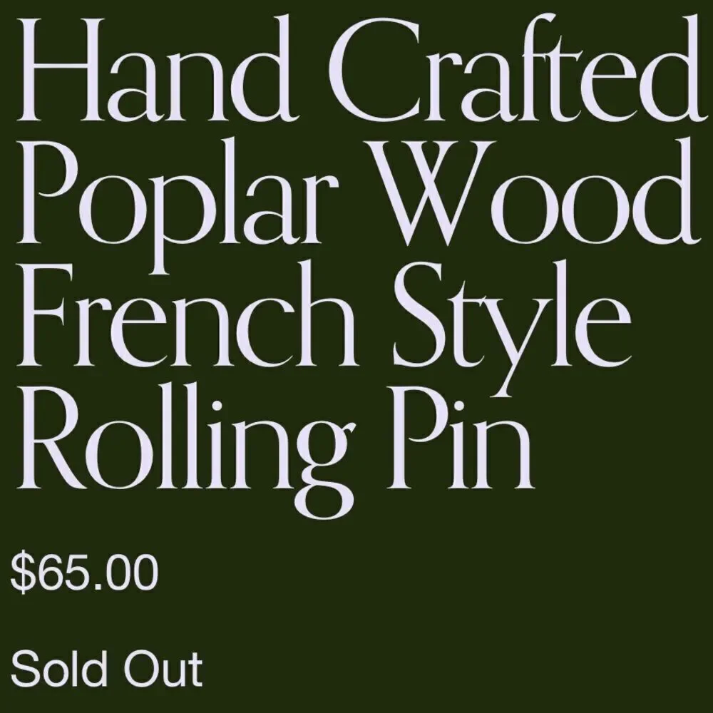 James Taylor Renewals Hand Crafted Poplar Wood French Style Rolling Pin. New.